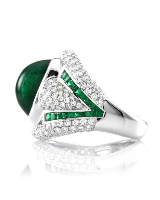6.65ct Emerald & 2.53ctw Pave Diamond Statement Ring in 18K White Gold